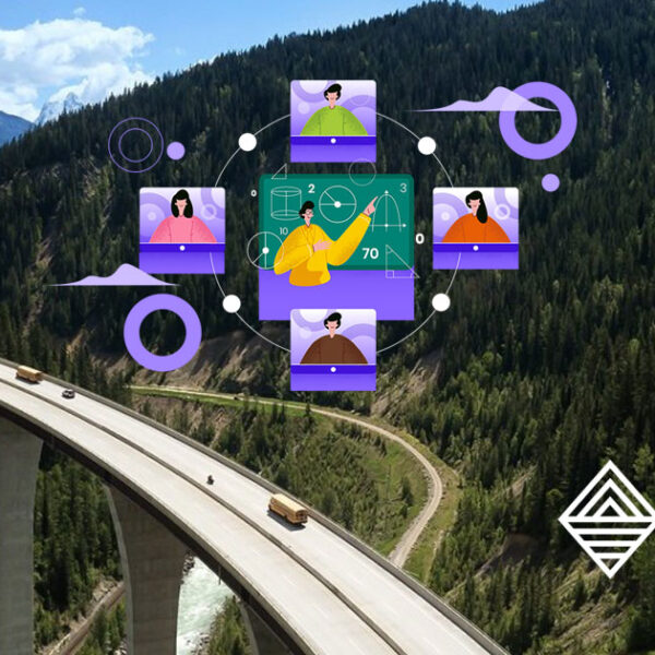 Webinaire et logo BC Engineers and Geoscientists flottent au-dessus d’un viaduc de montagne.