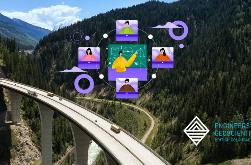 Webinaire et logo BC Engineers and Geoscientists flottent au-dessus d’un viaduc de montagne.