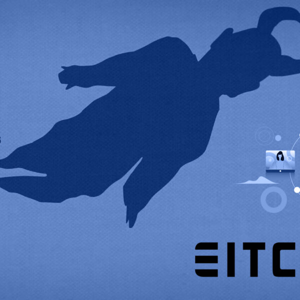 Vue aérienne d’un gars marchant dans un espace mais son ombre a des cornes, avec le logo EITC sur le dessus.