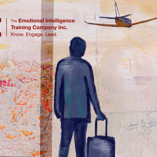 Peinture d’une personne regardant par la fenêtre à l’horizon ou peut-être le plan qui atterrit, ou qui décolle, tout en tenant ses bagages.