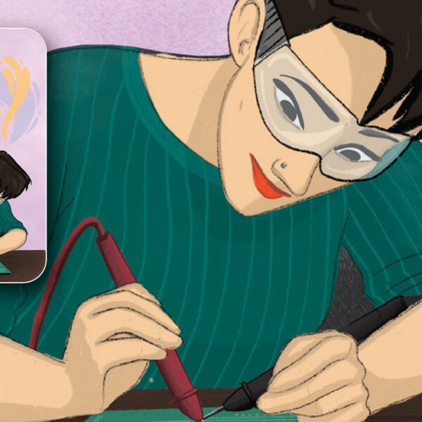Illustration d’une femme penchée sur une puce ou un panneau et ils travaillent dessus avec un fer à souder ou peut-être un multimètre.