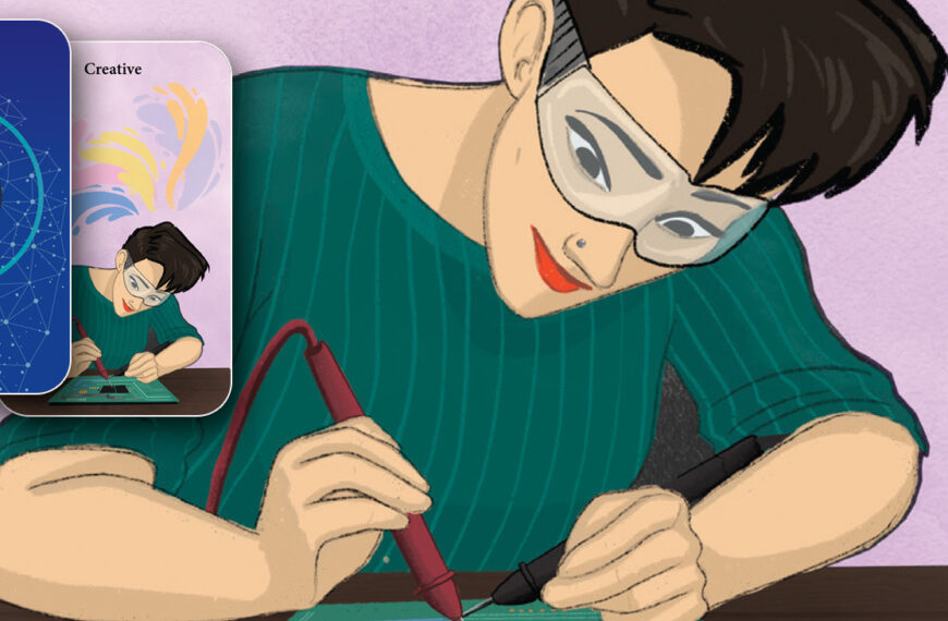 Illustration d’une femme penchée sur une puce ou un panneau et ils travaillent dessus avec un fer à souder ou peut-être un multimètre.